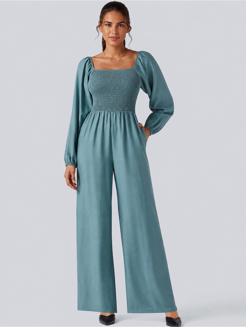 Turquoise Smocked Square-Neck Jumpsuit